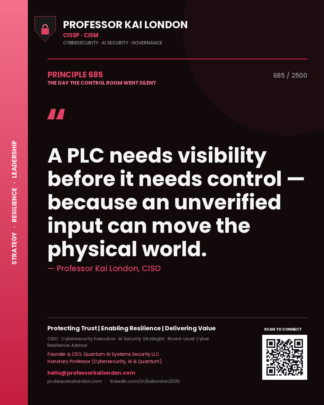 Quote card by Professor Kai London reading 'A PLC needs visibility before it needs control — because an unverified input can move the physical world.'. From the book The Day the Control Room Went Silent.