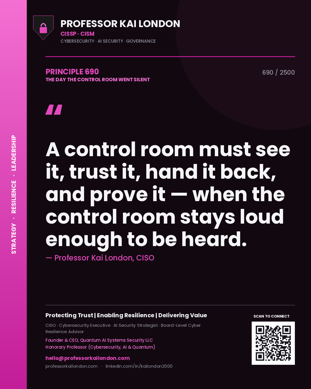 Quote card by Professor Kai London reading 'A control room must see it, trust it, hand it back, and prove it — when the control room stays loud enough to be heard.'. From the book The Day the Control Room Went Silent.
