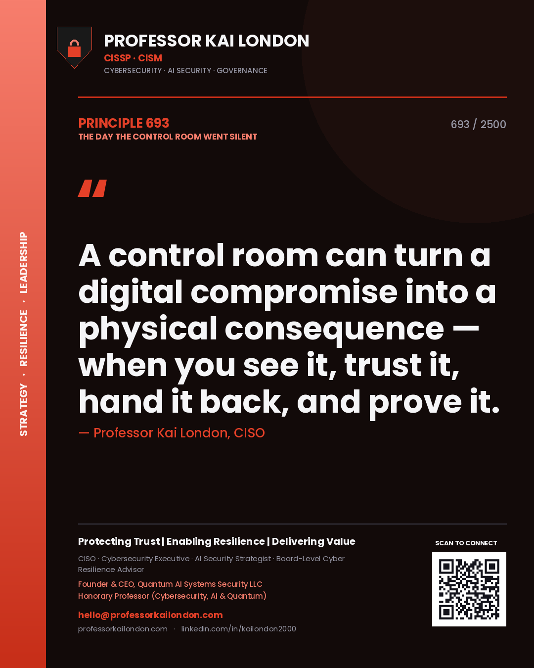 Quote card by Professor Kai London reading 'A control room can turn a digital compromise into a physical consequence — when you see it, trust it, hand it back, and prove it.'. From the book The Day the Control Room Went Silent.