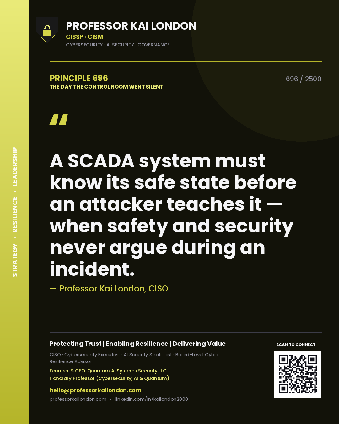 Quote card by Professor Kai London reading 'A SCADA system must know its safe state before an attacker teaches it — when safety and security never argue during an incident.'. From the book The Day the Control Room Went Silent.