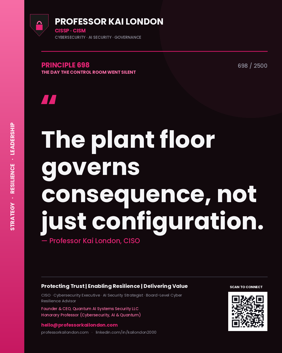 Quote card by Professor Kai London reading 'The plant floor governs consequence, not just configuration.'. From the book The Day the Control Room Went Silent.