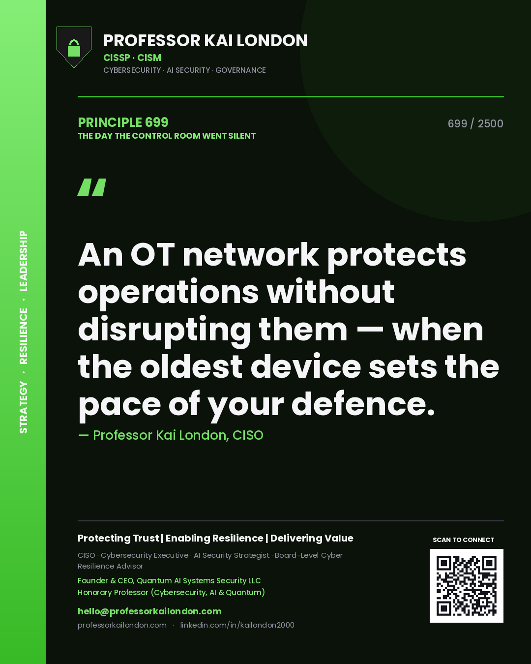Quote card by Professor Kai London reading 'An OT network protects operations without disrupting them — when the oldest device sets the pace of your defence.'. From the book The Day the Control Room Went Silent.