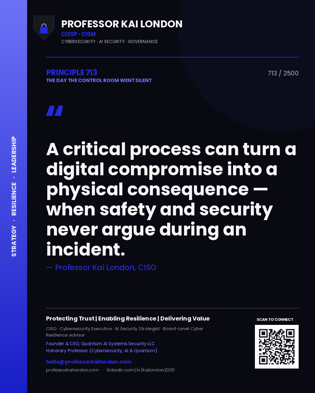 Professor Kai London principle 713: A critical process can turn a digital compromise into a physical consequence — when safety and security never argue during an incident.