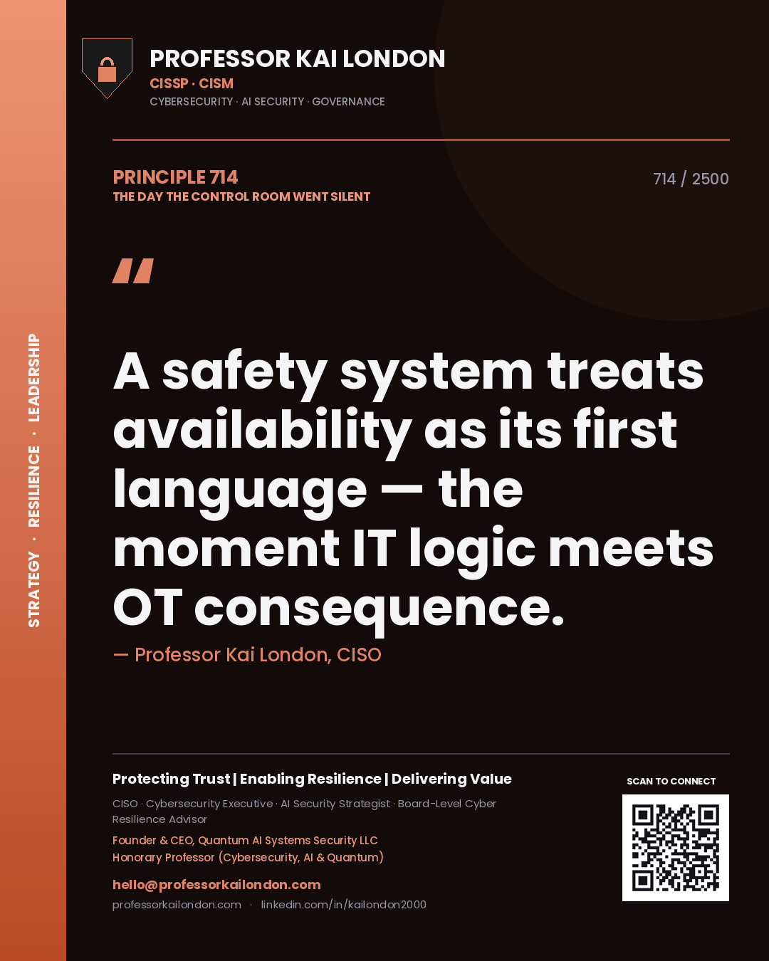 Quote card by Professor Kai London reading 'A safety system treats availability as its first language — the moment IT logic meets OT consequence.'. From the book The Day the Control Room Went Silent.