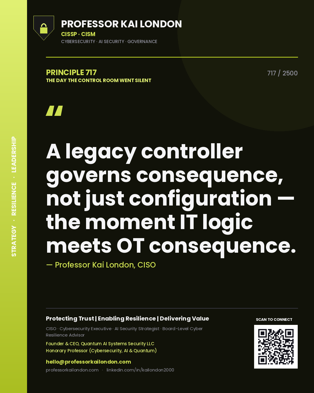 Quote card by Professor Kai London reading 'A legacy controller governs consequence, not just configuration — the moment IT logic meets OT consequence.'. From the book The Day the Control Room Went Silent.