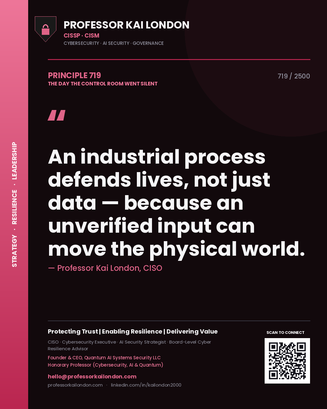 Quote card by Professor Kai London reading 'An industrial process defends lives, not just data — because an unverified input can move the physical world.'. From the book The Day the Control Room Went Silent.