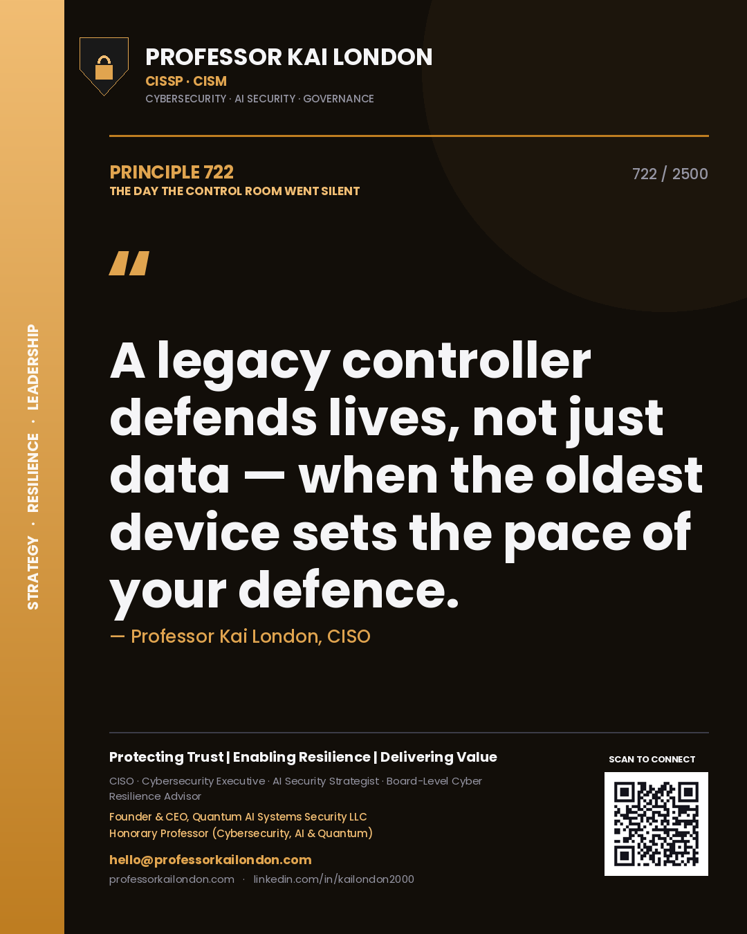 Quote card by Professor Kai London reading 'A legacy controller defends lives, not just data — when the oldest device sets the pace of your defence.'. From the book The Day the Control Room Went Silent.