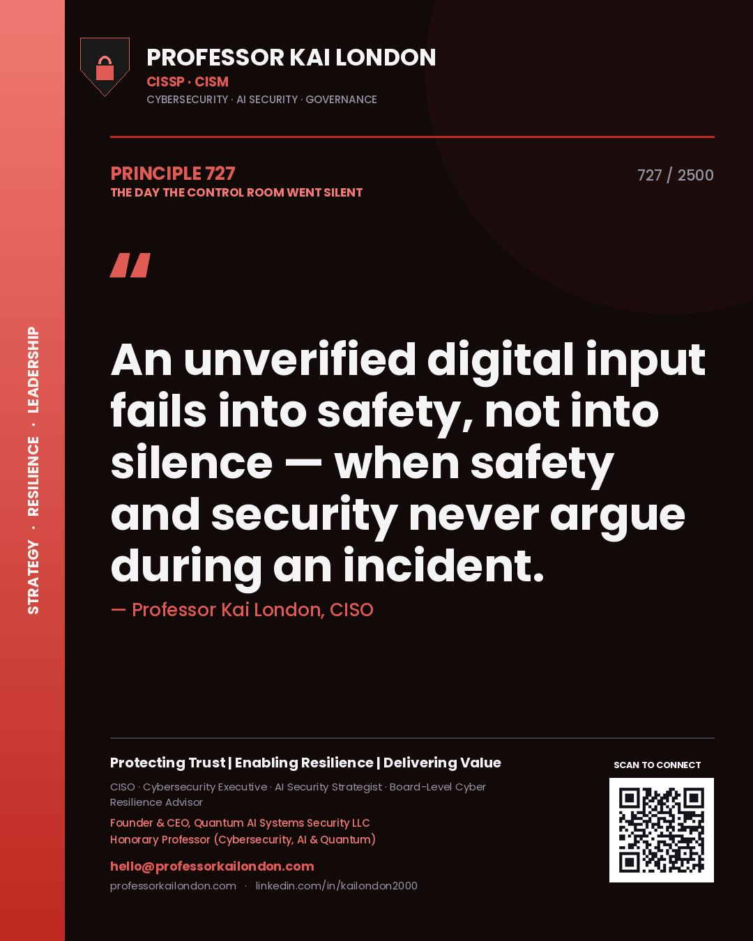 Quote card by Professor Kai London reading 'An unverified digital input fails into safety, not into silence — when safety and security never argue during an incident.'. From the book The Day the Control Room Went Silent.