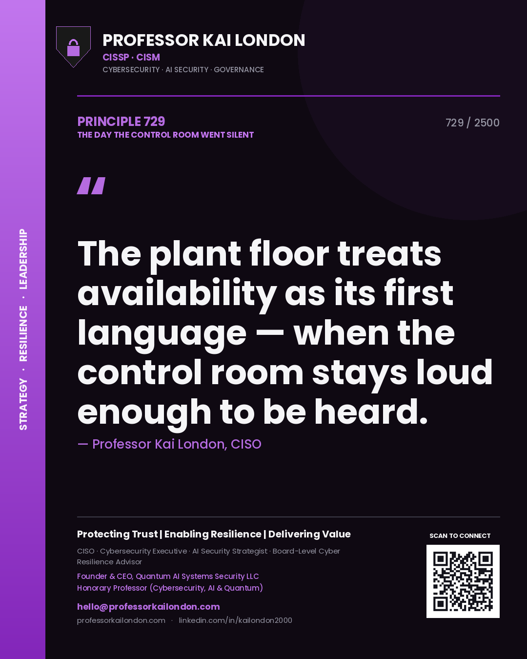 Quote card by Professor Kai London reading 'The plant floor treats availability as its first language — when the control room stays loud enough to be heard.'. From the book The Day the Control Room Went Silent.