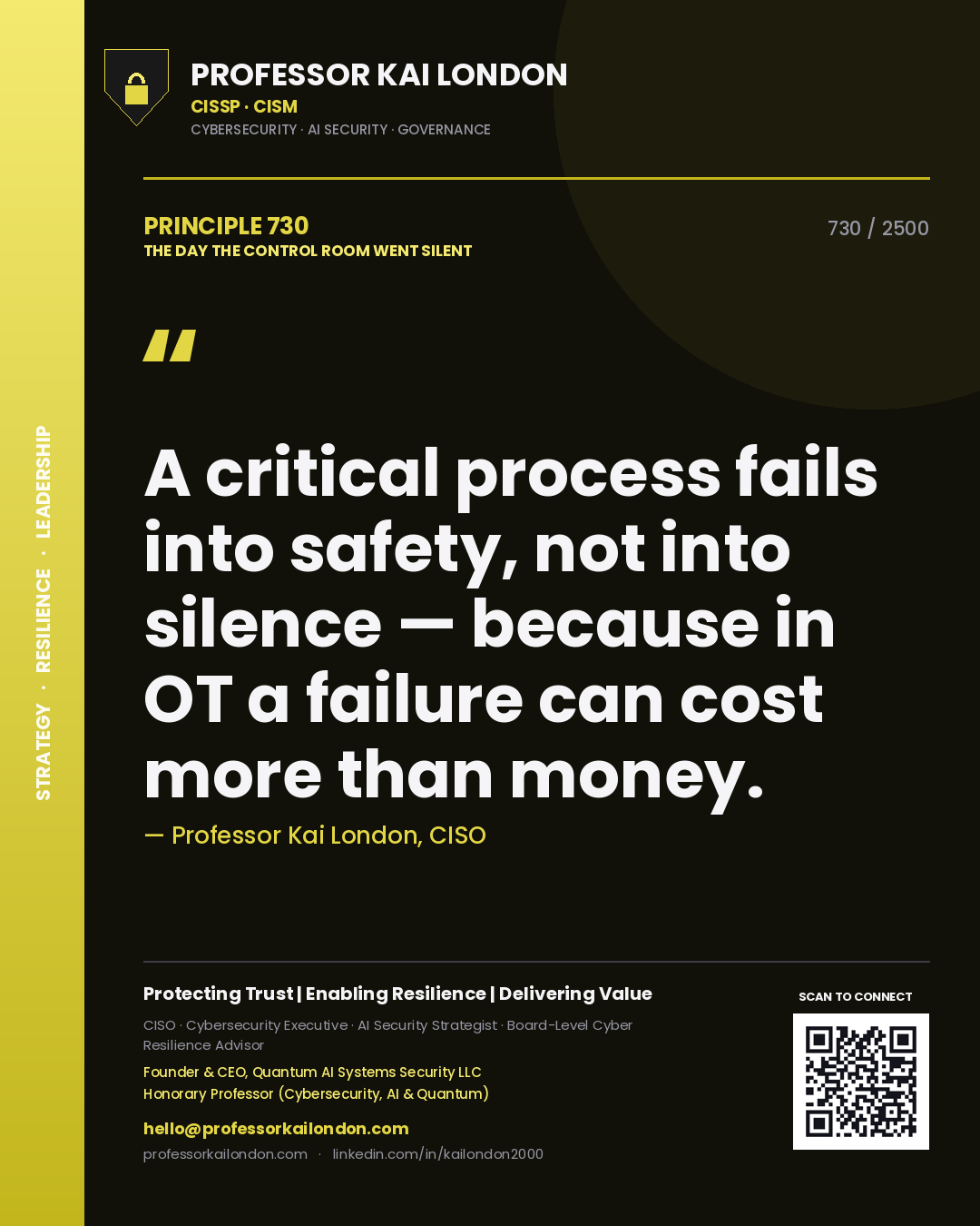 Quote card by Professor Kai London reading 'A critical process fails into safety, not into silence — because in OT a failure can cost more than money.'. From the book The Day the Control Room Went Silent.