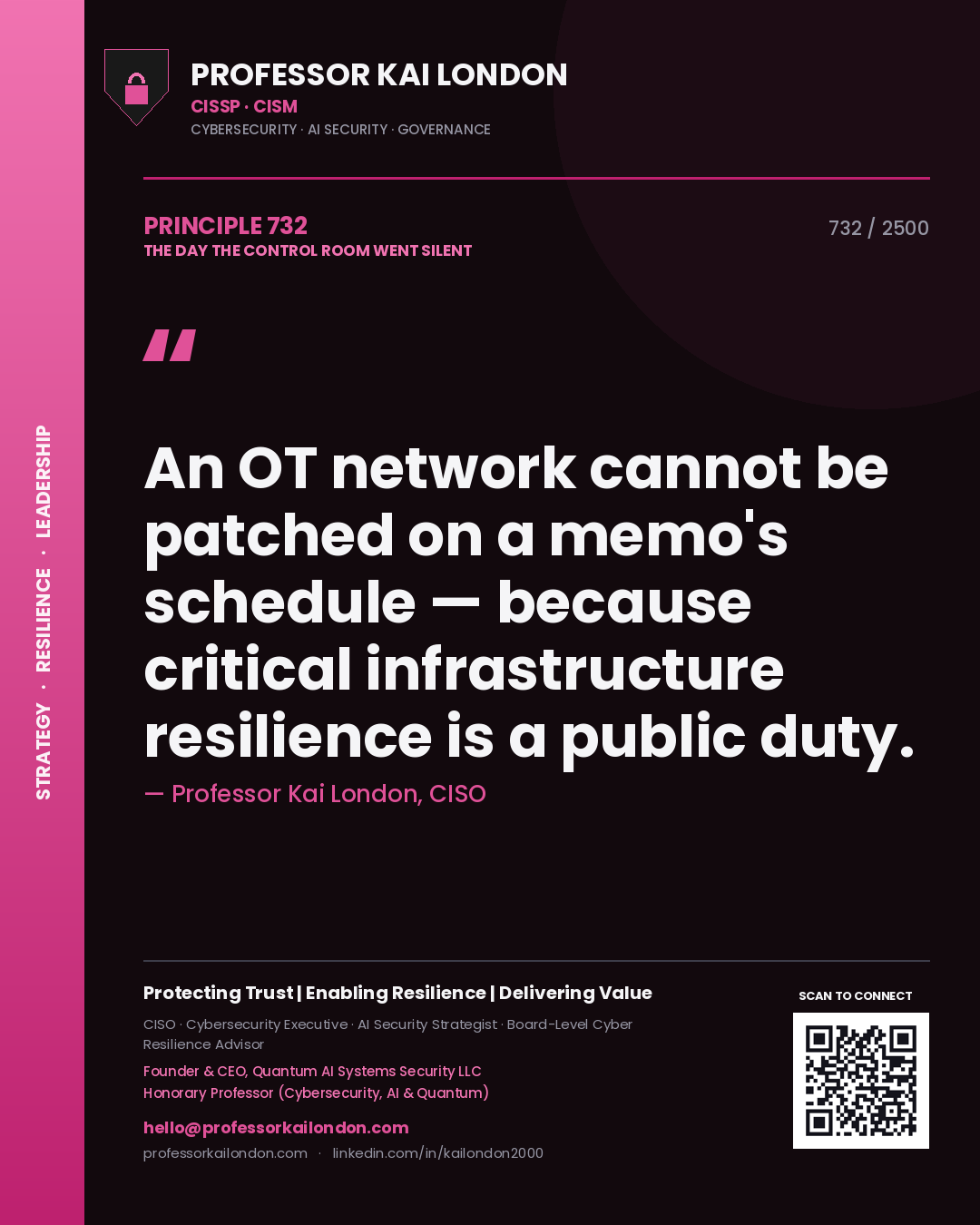 Quote card by Professor Kai London reading 'An OT network cannot be patched on a memo's schedule — because critical infrastructure resilience is a public duty.'. From the book The Day the Control Room Went Silent.