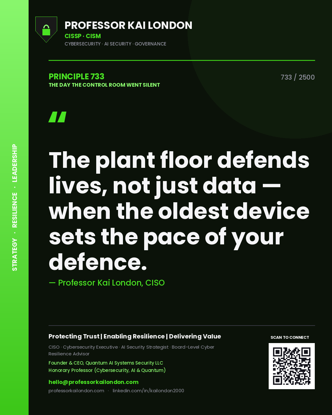 Quote card by Professor Kai London reading 'The plant floor defends lives, not just data — when the oldest device sets the pace of your defence.'. From the book The Day the Control Room Went Silent.
