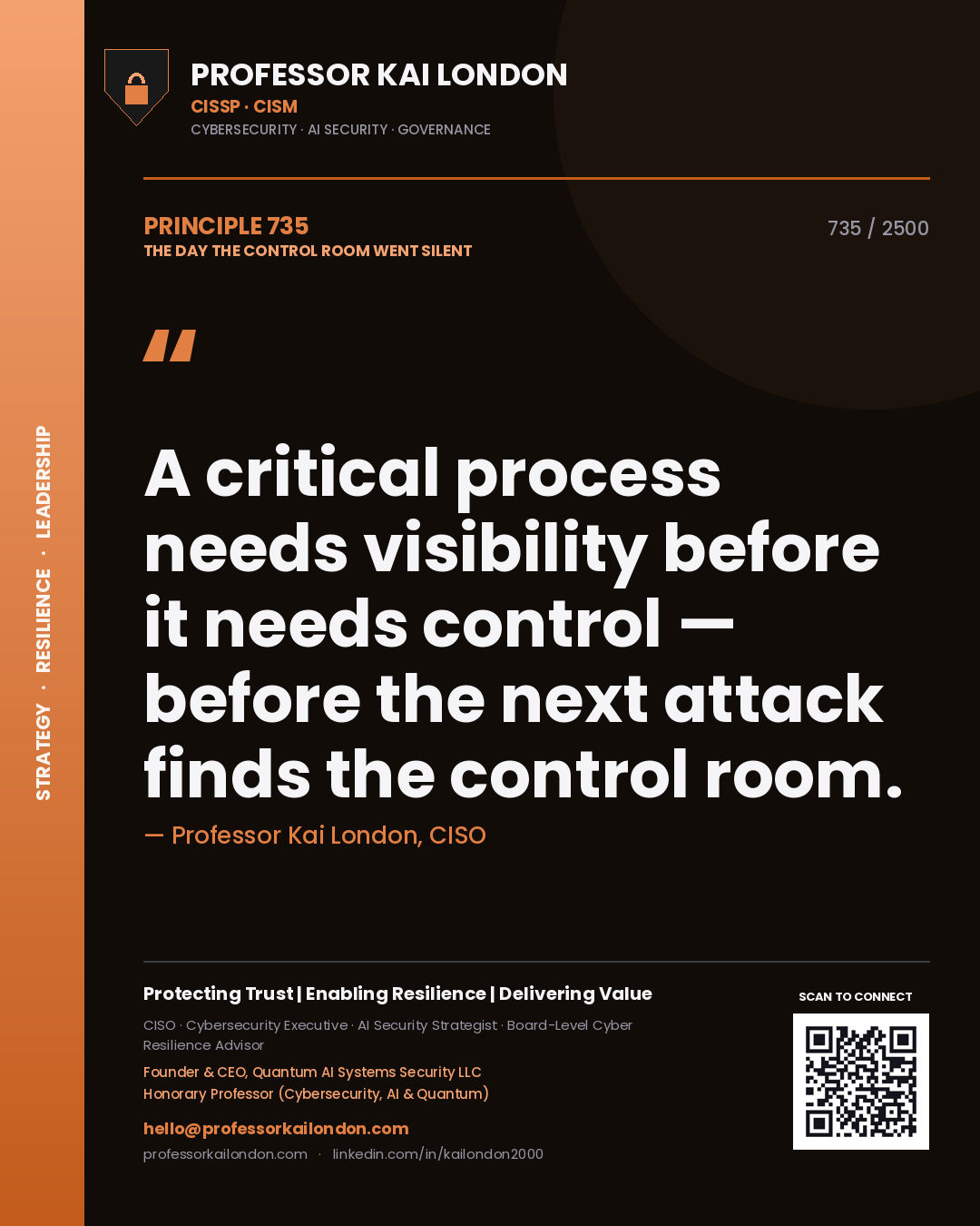 Professor Kai London principle 735: A critical process needs visibility before it needs control — before the next attack finds the control room.