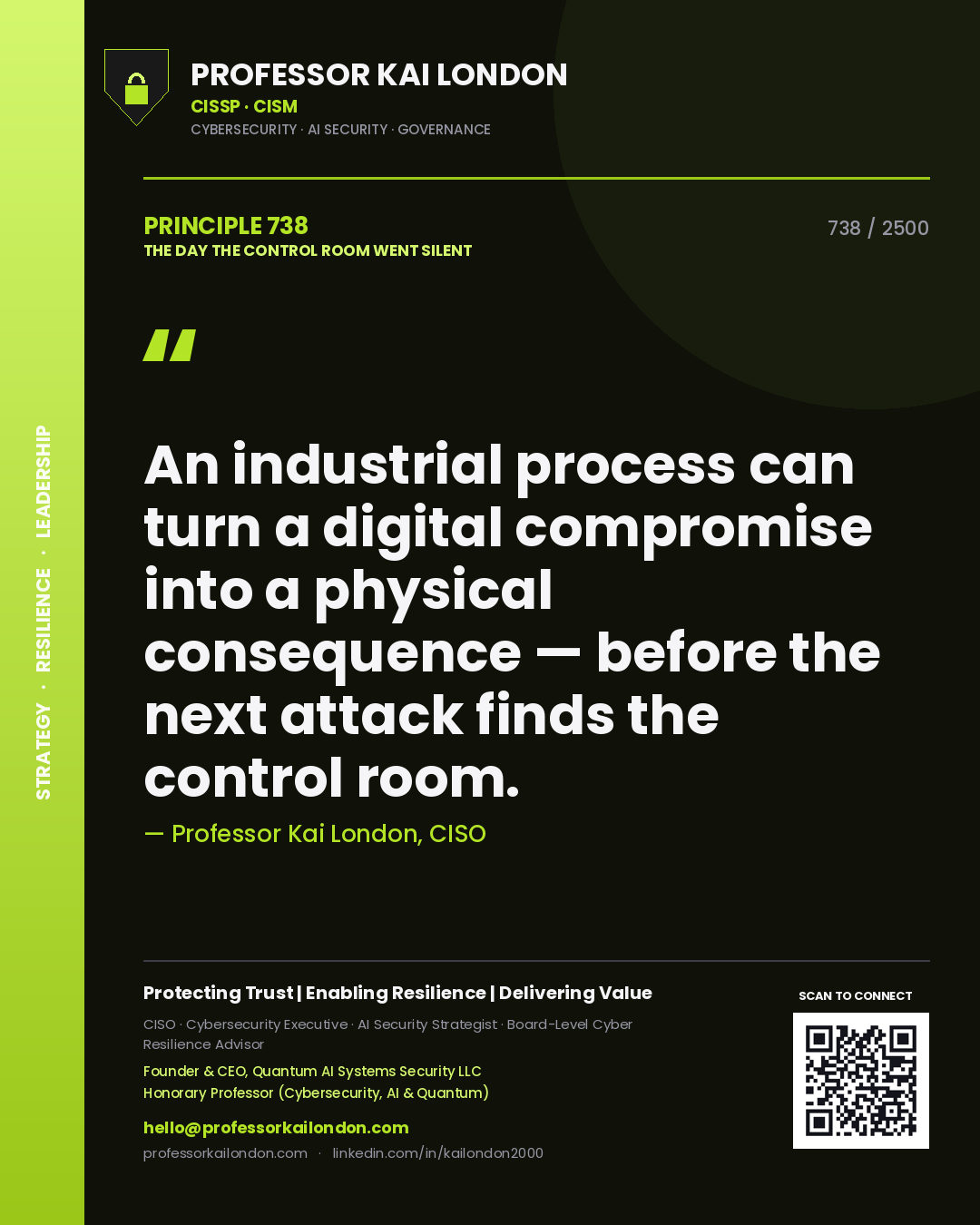 Professor Kai London principle 738: An industrial process can turn a digital compromise into a physical consequence — before the next attack finds the control room.