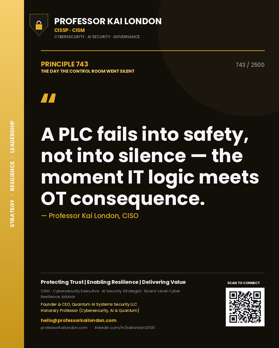 Quote card by Professor Kai London reading 'A PLC fails into safety, not into silence — the moment IT logic meets OT consequence.'. From the book The Day the Control Room Went Silent.