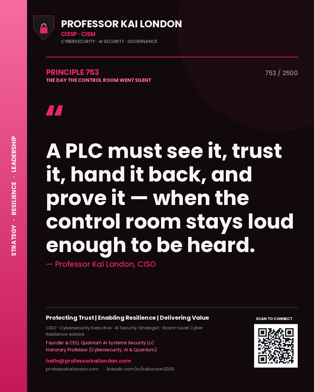 Quote card by Professor Kai London reading 'A PLC must see it, trust it, hand it back, and prove it — when the control room stays loud enough to be heard.'. From the book The Day the Control Room Went Silent.