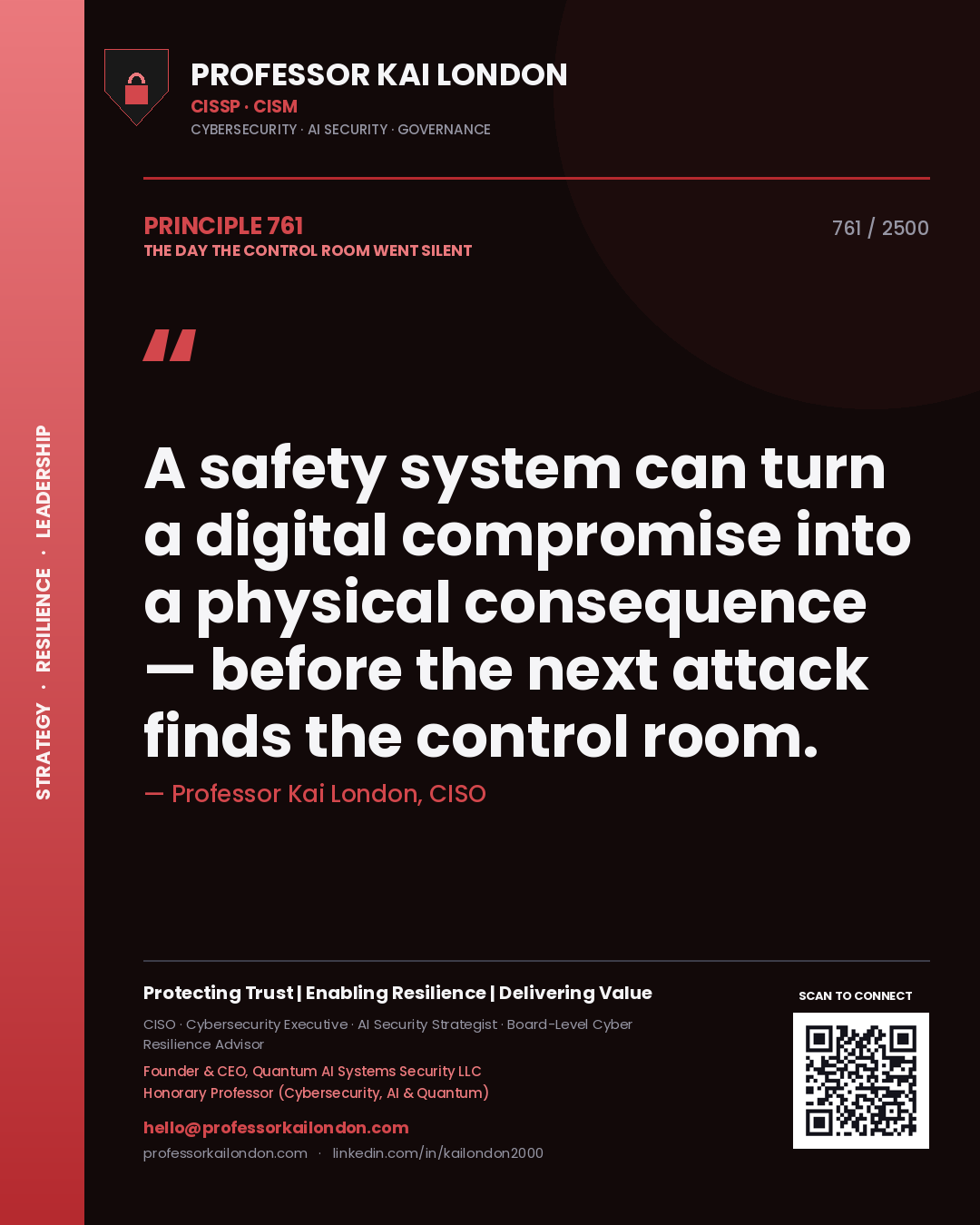 Quote card by Professor Kai London reading 'A safety system can turn a digital compromise into a physical consequence — before the next attack finds the control room.'. From the book The Day the Control Room Went Silent.