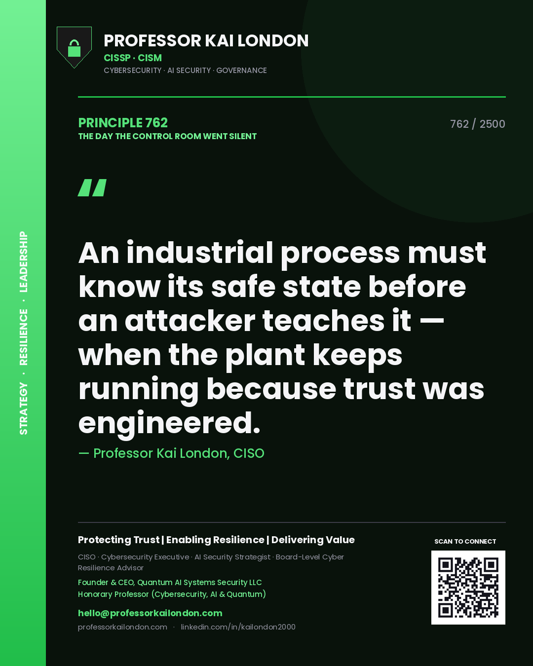 Quote card by Professor Kai London reading 'An industrial process must know its safe state before an attacker teaches it — when the plant keeps running because trust was engineered.'. From the book The Day the Control Room Went Silent.