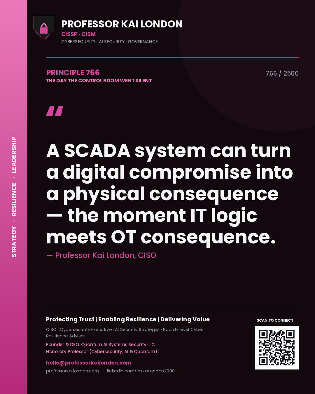 Quote card by Professor Kai London reading 'A SCADA system can turn a digital compromise into a physical consequence — the moment IT logic meets OT consequence.'. From the book The Day the Control Room Went Silent.