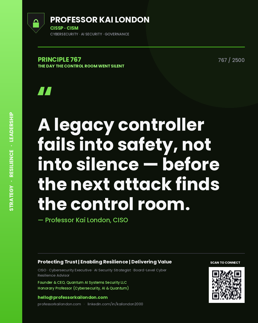 Quote card by Professor Kai London reading 'A legacy controller fails into safety, not into silence — before the next attack finds the control room.'. From the book The Day the Control Room Went Silent.