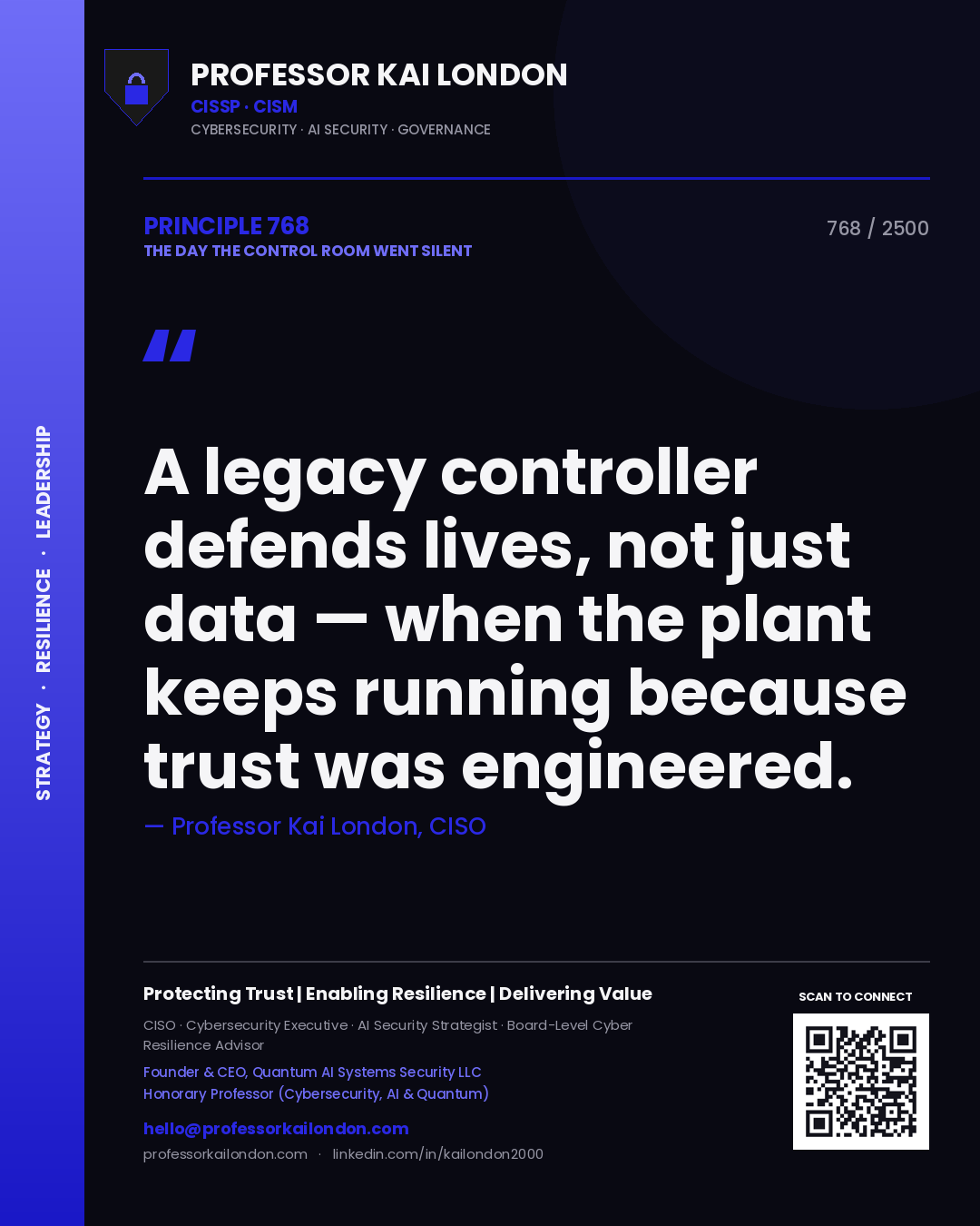 Quote card by Professor Kai London reading 'A legacy controller defends lives, not just data — when the plant keeps running because trust was engineered.'. From the book The Day the Control Room Went Silent.