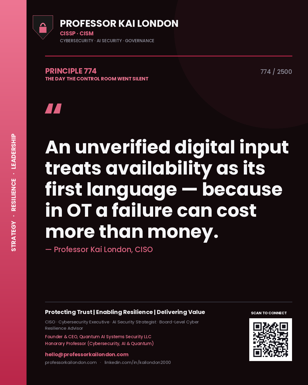 Quote card by Professor Kai London reading 'An unverified digital input treats availability as its first language — because in OT a failure can cost more than money.'. From the book The Day the Control Room Went Silent.