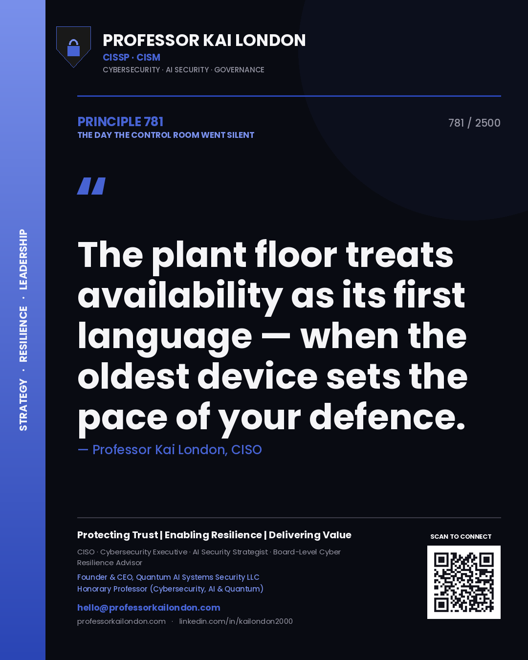 Quote card by Professor Kai London reading 'The plant floor treats availability as its first language — when the oldest device sets the pace of your defence.'. From the book The Day the Control Room Went Silent.