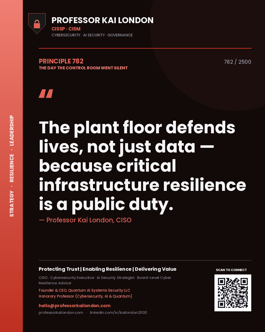 Quote card by Professor Kai London reading 'The plant floor defends lives, not just data — because critical infrastructure resilience is a public duty.'. From the book The Day the Control Room Went Silent.