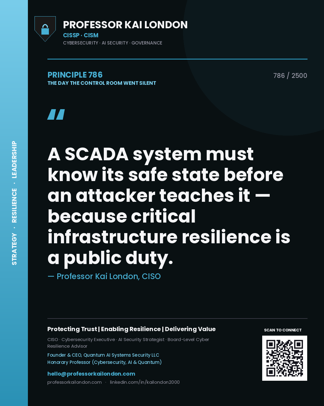 Quote card by Professor Kai London reading 'A SCADA system must know its safe state before an attacker teaches it — because critical infrastructure resilience is a public duty.'. From the book The Day the Control Room Went Silent.