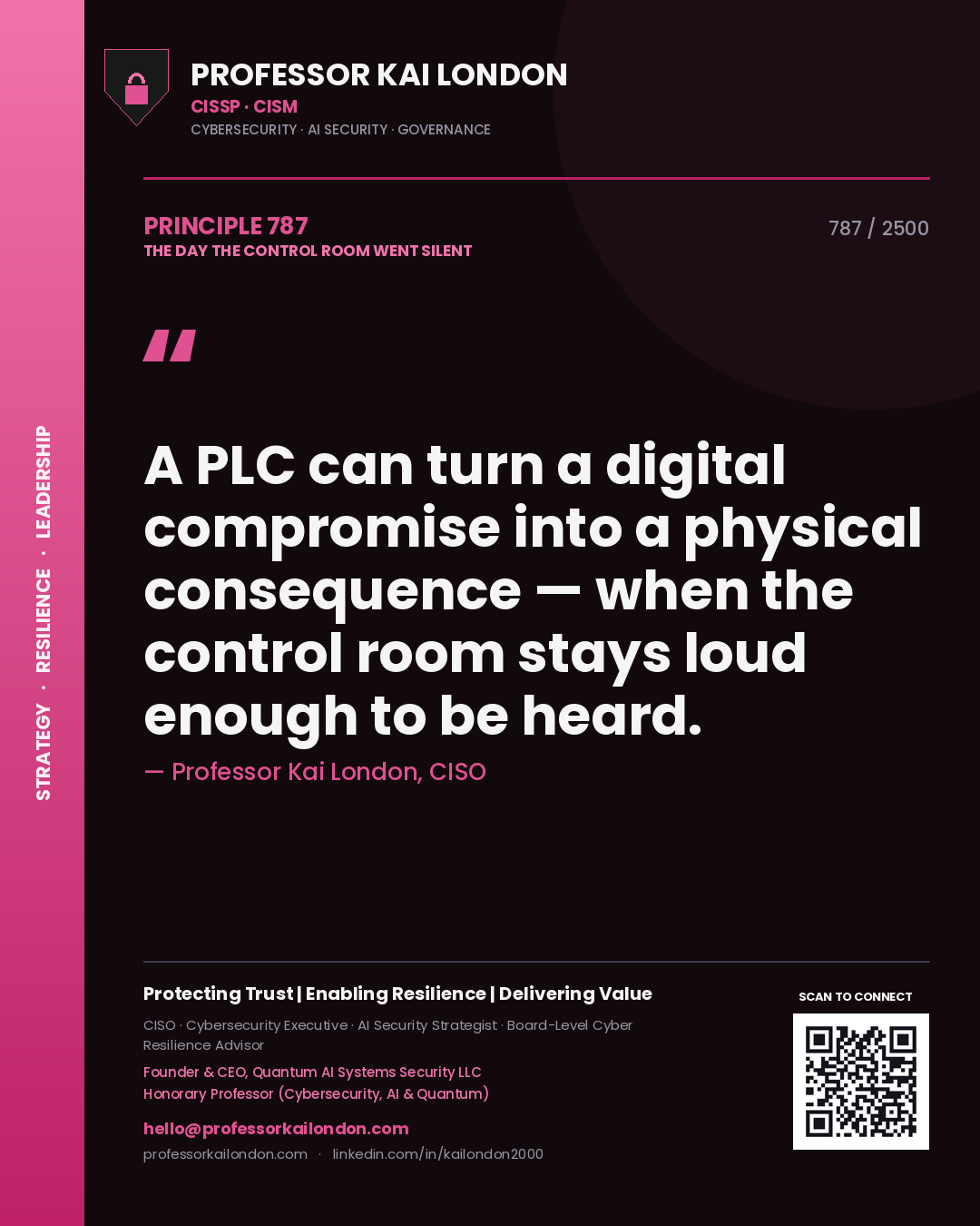 Professor Kai London principle 787: A PLC can turn a digital compromise into a physical consequence — when the control room stays loud enough to be heard.