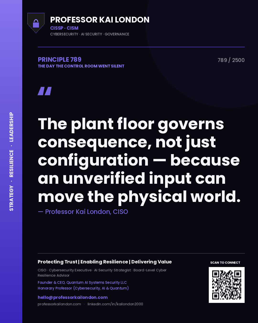 Professor Kai London principle 789: The plant floor governs consequence, not just configuration — because an unverified input can move the physical world.