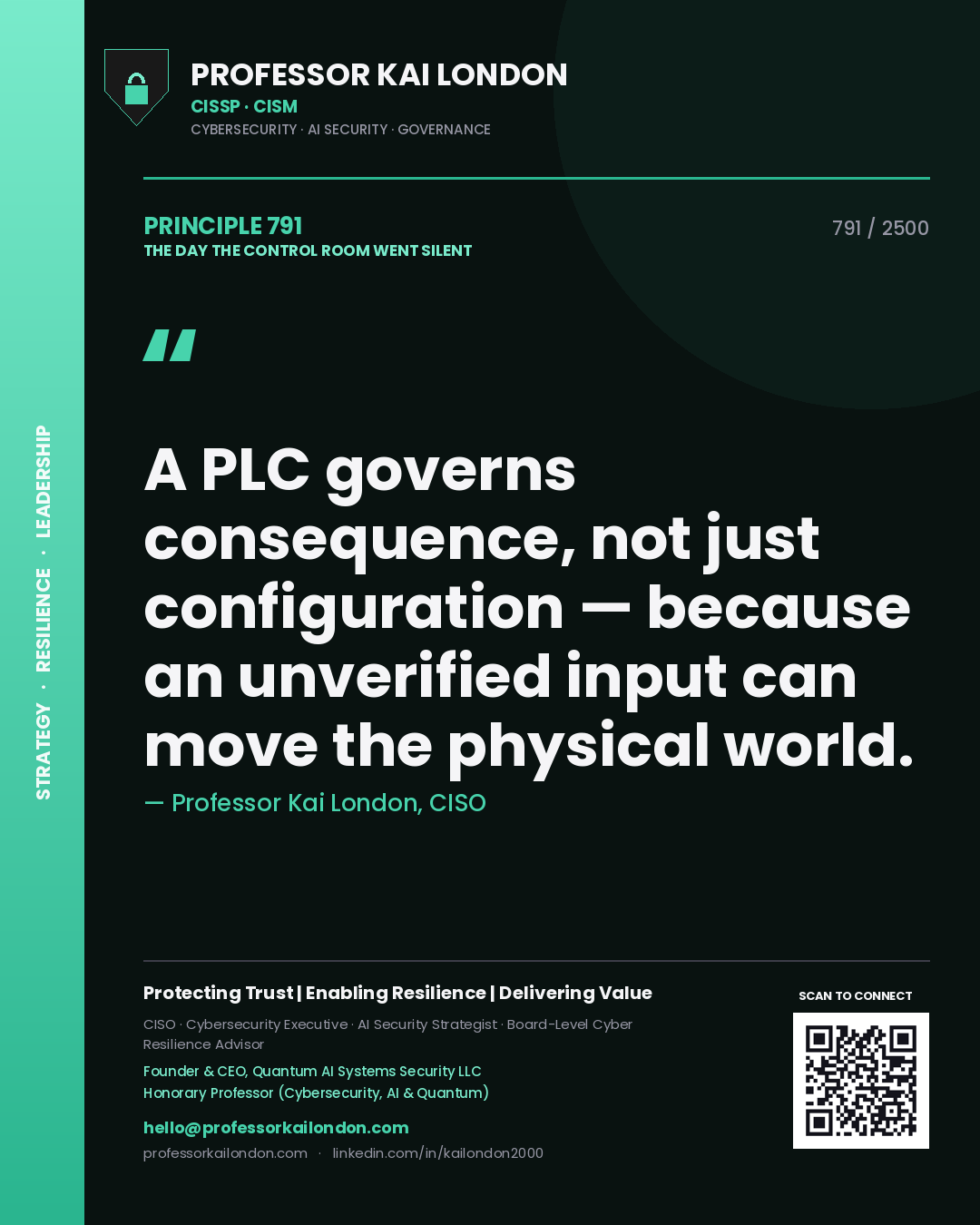 Quote card by Professor Kai London reading 'A PLC governs consequence, not just configuration — because an unverified input can move the physical world.'. From the book The Day the Control Room Went Silent.
