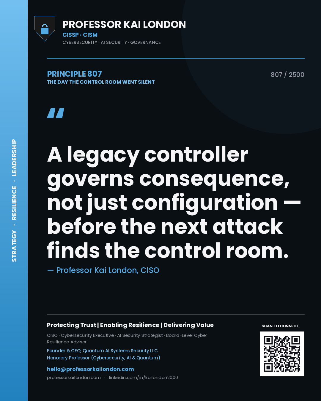 Professor Kai London principle 807: A legacy controller governs consequence, not just configuration — before the next attack finds the control room.
