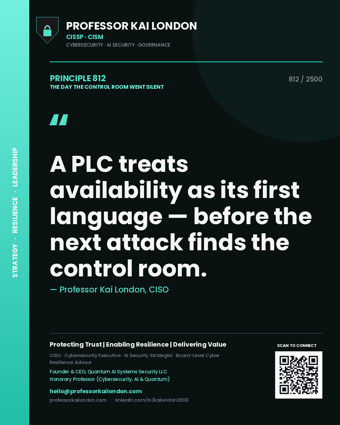 Professor Kai London principle 812: A PLC treats availability as its first language — before the next attack finds the control room.