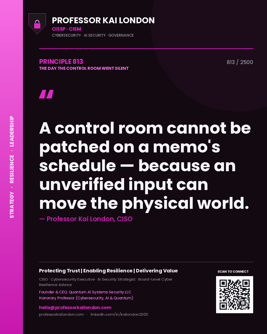 Professor Kai London principle 813: A control room cannot be patched on a memo's schedule — because an unverified input can move the physical world.