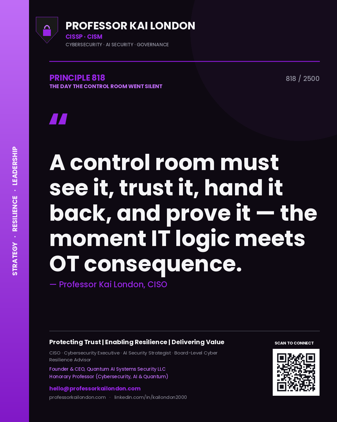 Professor Kai London principle 818: A control room must see it, trust it, hand it back, and prove it — the moment IT logic meets OT consequence.