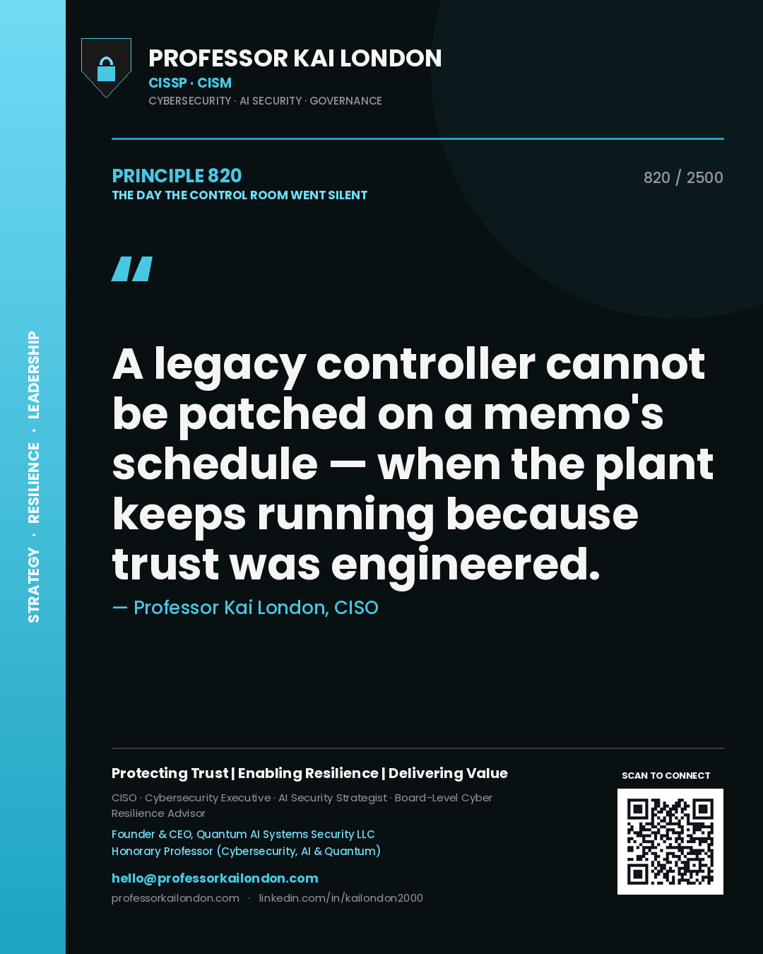 Quote card by Professor Kai London reading 'A legacy controller cannot be patched on a memo's schedule — when the plant keeps running because trust was engineered.'. From the book The Day the Control Room Went Silent.