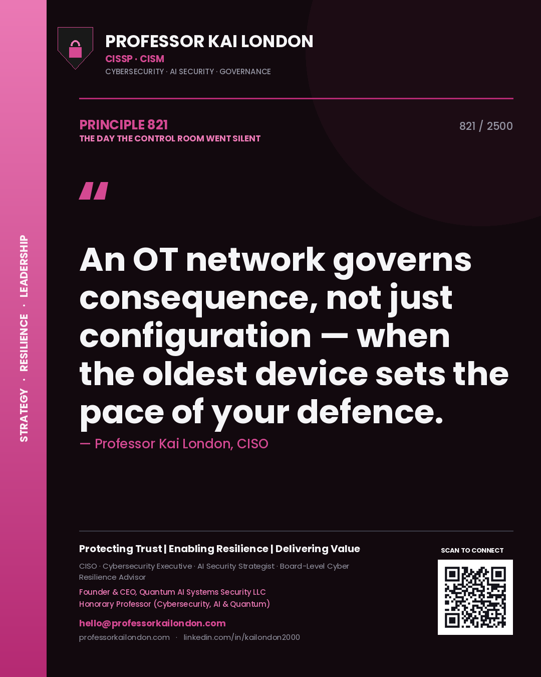 Professor Kai London principle 821: An OT network governs consequence, not just configuration — when the oldest device sets the pace of your defence.