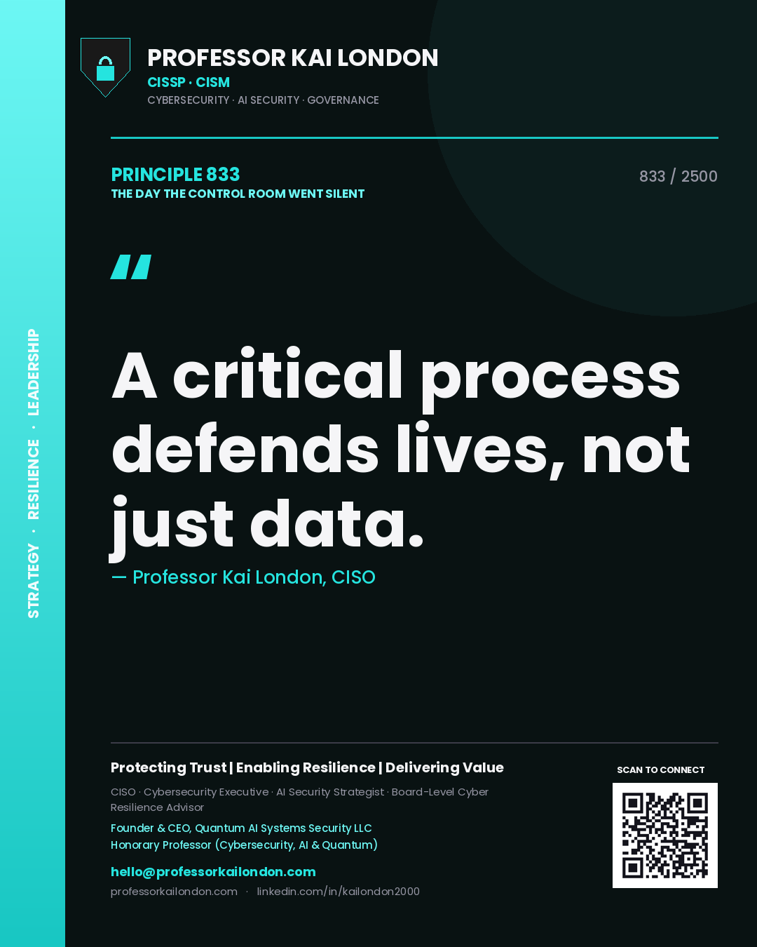 Quote card by Professor Kai London reading 'A critical process defends lives, not just data.'. From the book The Day the Control Room Went Silent.