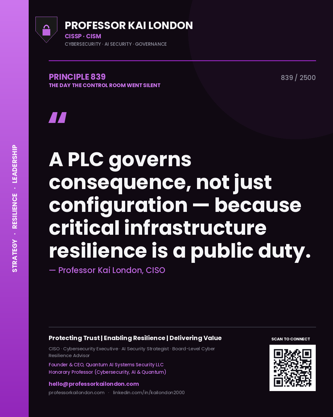 Quote card by Professor Kai London reading 'A PLC governs consequence, not just configuration — because critical infrastructure resilience is a public duty.'. From the book The Day the Control Room Went Silent.
