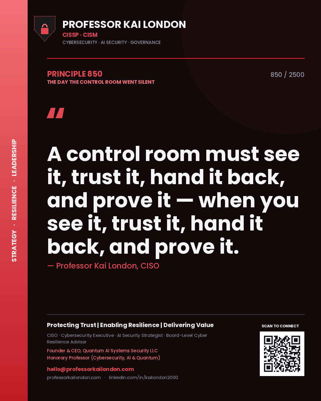 Professor Kai London principle 850: A control room must see it, trust it, hand it back, and prove it — when you see it, trust it, hand it back, and prove it.