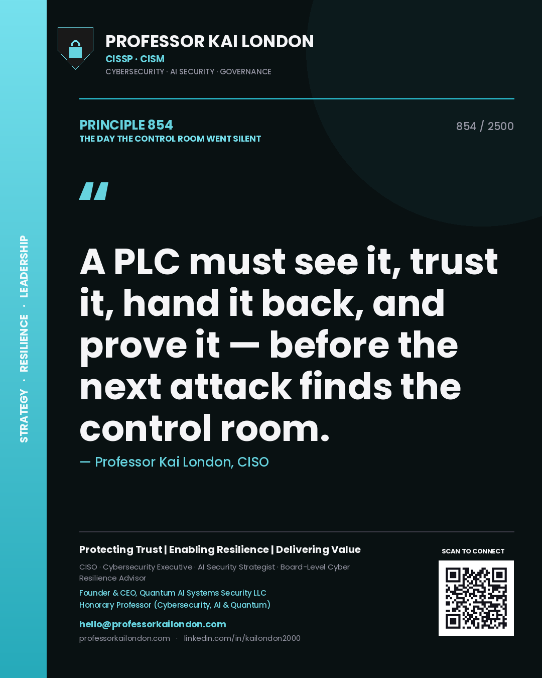 Professor Kai London principle 854: A PLC must see it, trust it, hand it back, and prove it — before the next attack finds the control room.