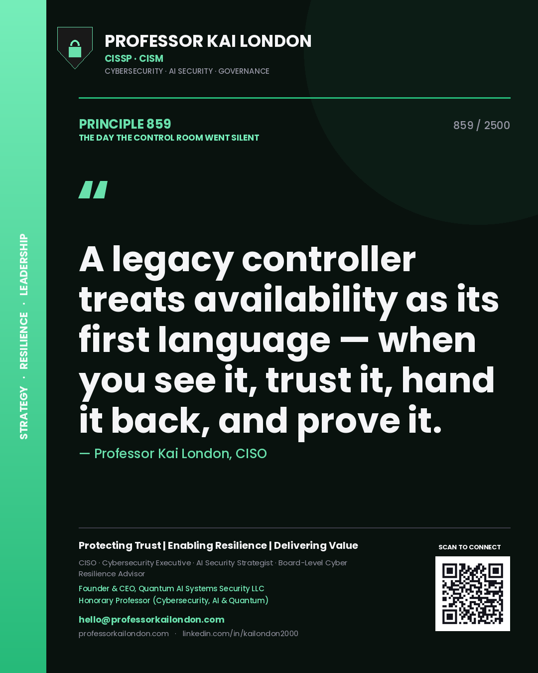 Professor Kai London principle 859: A legacy controller treats availability as its first language — when you see it, trust it, hand it back, and prove it.