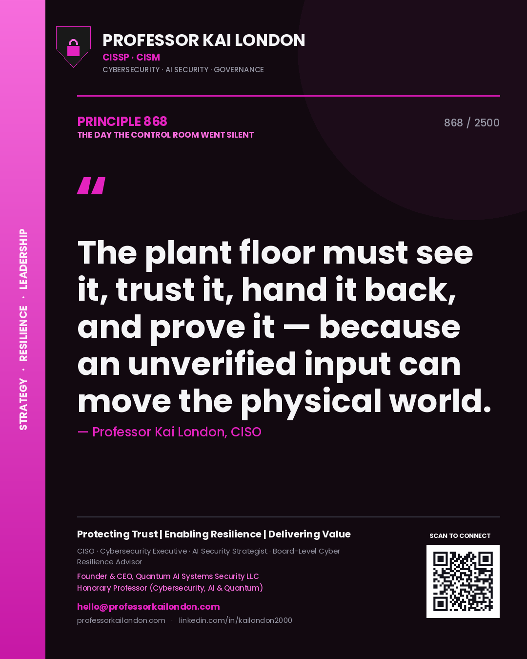 Quote card by Professor Kai London reading 'The plant floor must see it, trust it, hand it back, and prove it — because an unverified input can move the physical world.'. From the book The Day the Control Room Went Silent.