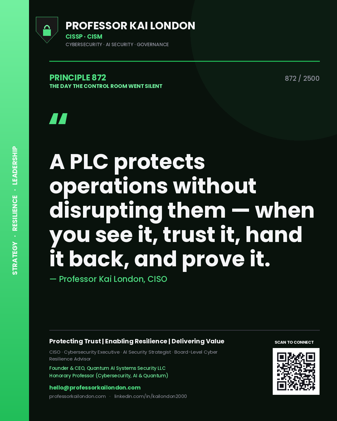 Professor Kai London principle 872: A PLC protects operations without disrupting them — when you see it, trust it, hand it back, and prove it.