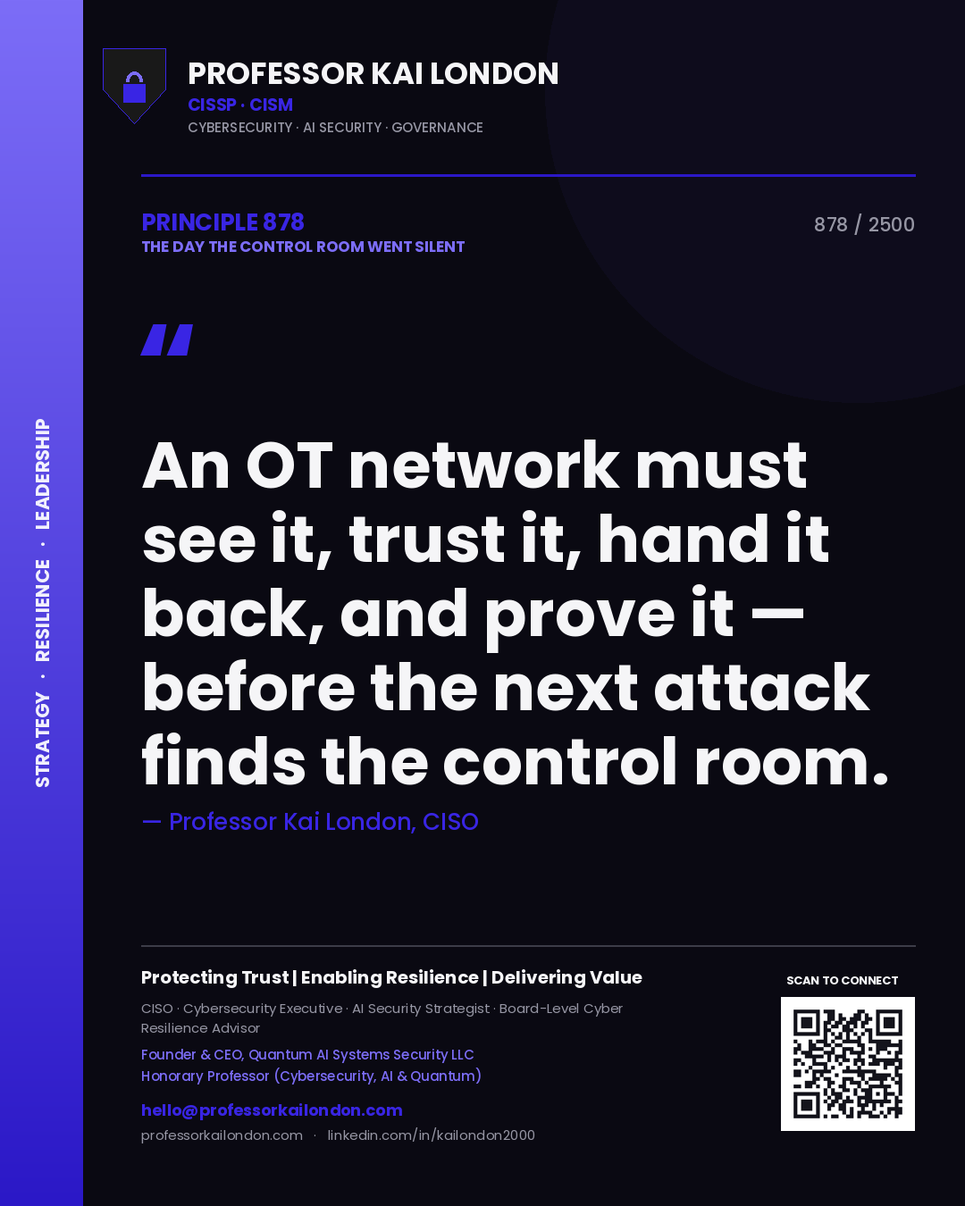 Professor Kai London principle 878: An OT network must see it, trust it, hand it back, and prove it — before the next attack finds the control room.