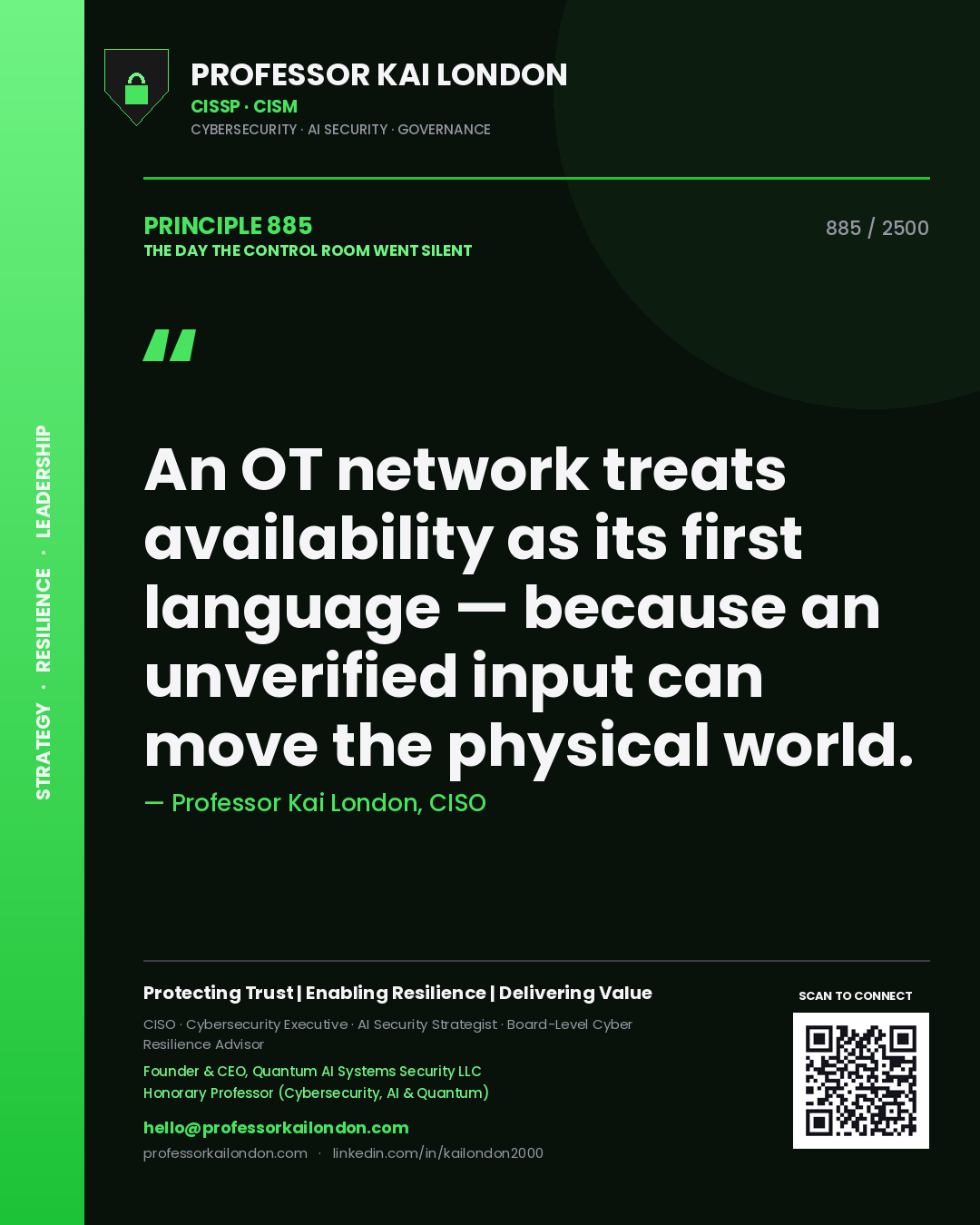 Quote card by Professor Kai London reading 'An OT network treats availability as its first language — because an unverified input can move the physical world.'. From the book The Day the Control Room Went Silent.