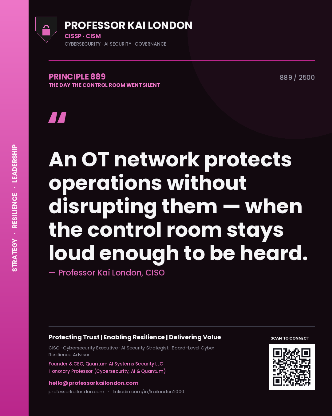 Professor Kai London principle 889: An OT network protects operations without disrupting them — when the control room stays loud enough to be heard.