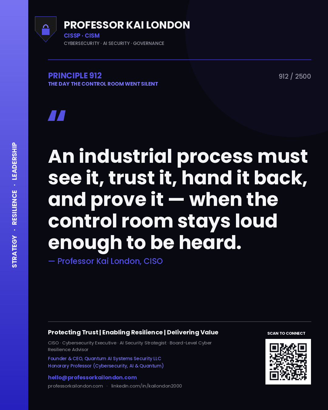 Professor Kai London principle 912: An industrial process must see it, trust it, hand it back, and prove it — when the control room stays loud enough to be heard.