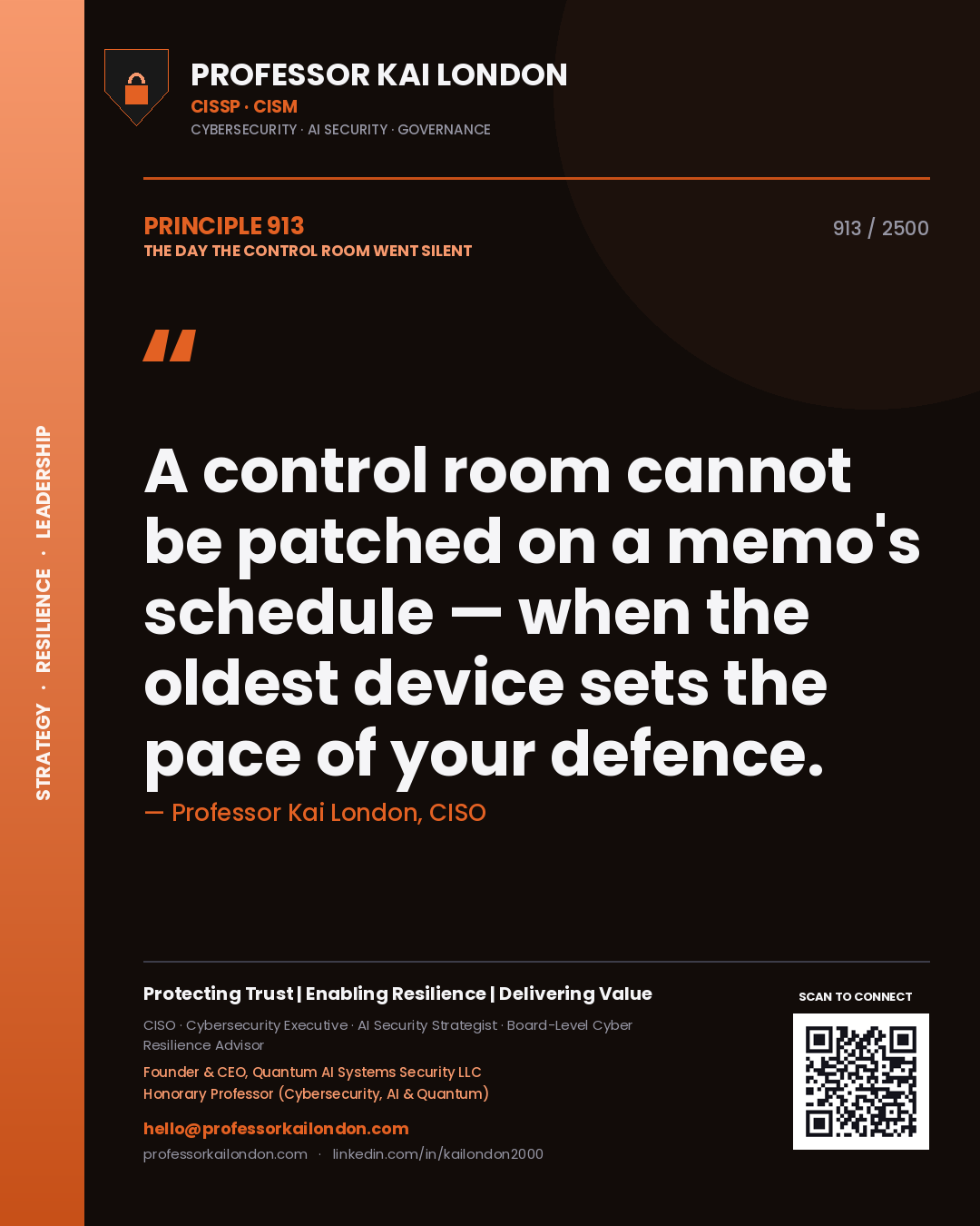 Professor Kai London principle 913: A control room cannot be patched on a memo's schedule — when the oldest device sets the pace of your defence.